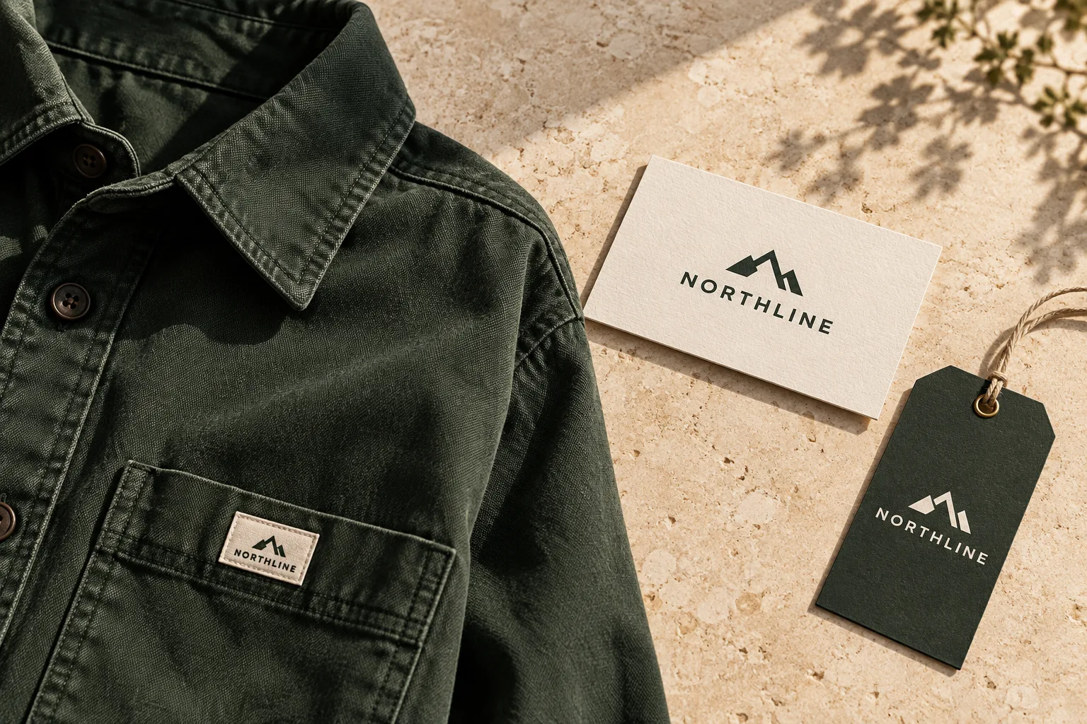 Illustrative NORTHLINE mountain identity on clothing, a business card and a hangtag