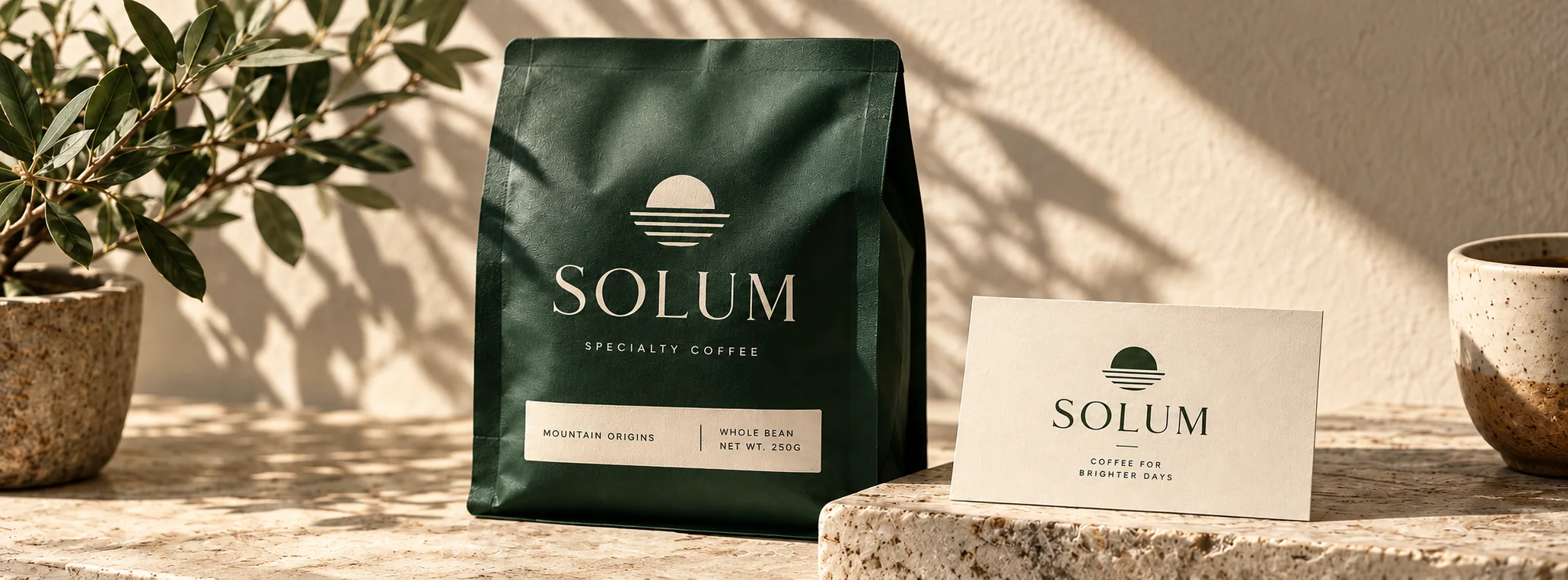 Illustrative SOLUM sun identity on coffee packaging